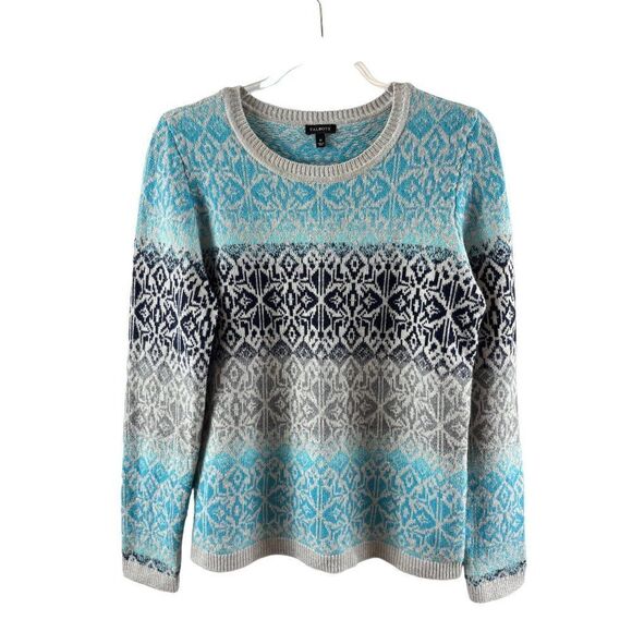 Talbots Lambswool Fair Isle Crewneck Pullover Sweater Medium Blue Gray Warm Cozy - Picture 1 of 5